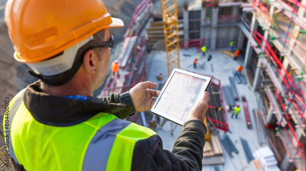 architect engineer foreman construction site worker working on computer tablet architect engineer foreman construction site worker working on computer tablet