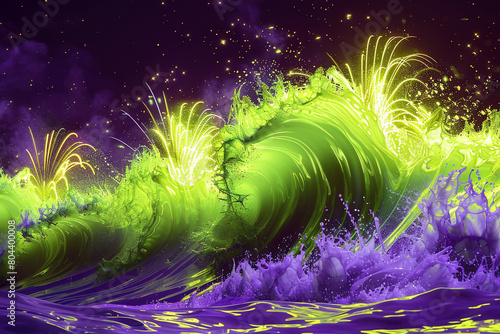 An explosive visual of bright lime green and vivid purple waves crashing together, creating an abstract pattern that mimics a firework display in a night sky.