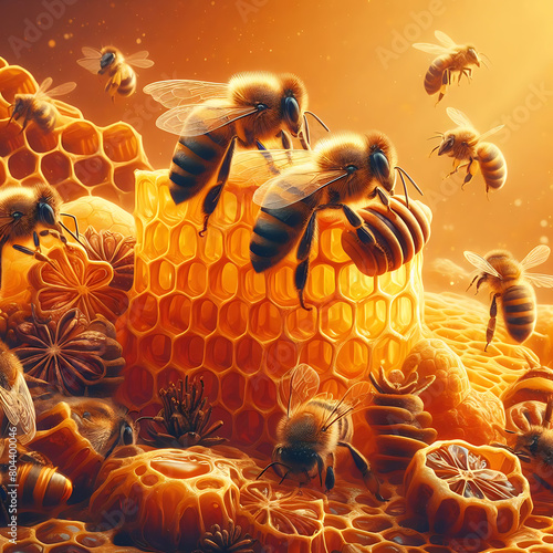 bees on the comb with uneven cells Busy insects with drops of honey around selective focus, copy space . bees on honey comb. busy bee. honey bees. bees comb. bees work on honeycomb. 