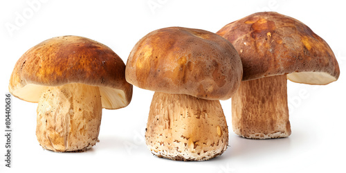Three fresh cut ceps on the pileus of one of them on a white Isolation background.  photo