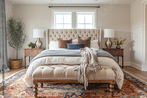 A chic upholstered bench at the foot of the bed  adding functionality.