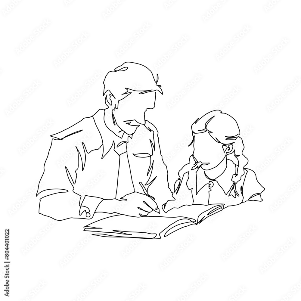Continuous single drawn, one line dad and daughter reading book, parent love kid, line art illustration for fathers day decoration