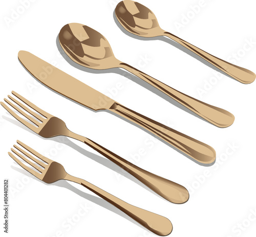 table set of gilded forks, spoons and knife, vector illustration