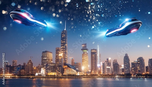 A futuristic metropolis skyline illuminated by neon lights, with sleek hovercrafts soaring through the bustling streets below, against a backdrop of a star-filled sky photo