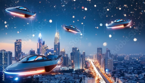 A futuristic metropolis skyline illuminated by neon lights, with sleek hovercrafts soaring through the bustling streets below, against a backdrop of a star-filled sky