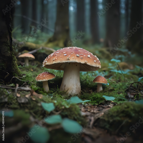 a two mushrooms that are sitting on the ground in the woods