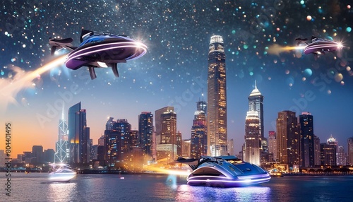 A futuristic metropolis skyline illuminated by neon lights  with sleek hovercrafts soaring through the bustling streets below  against a backdrop of a star-filled sky