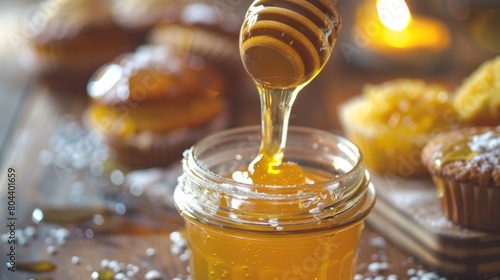 A jar of sweet and sticky honey just waiting to be drizzled over a warm batch of homemade muffins or cornbread. photo