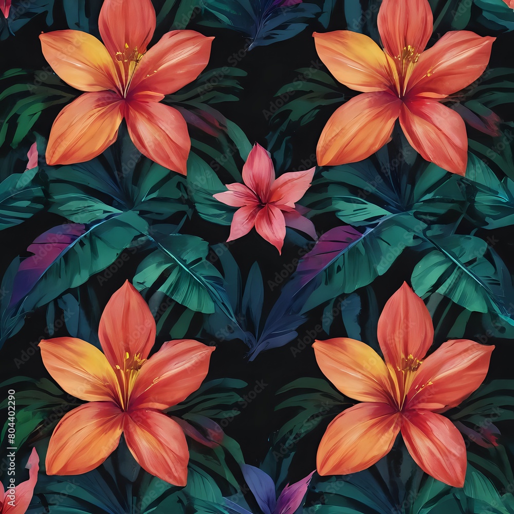a many orange flowers and green leaves on a black background a many orange flowers and green leaves on a black background