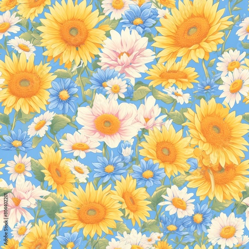 Seamless pattern with watercolor sunflowers and wildflowers on a blue background. Floral background. 