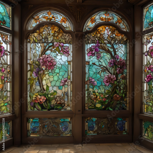 a two stained glass doors with flowers and birds in them
