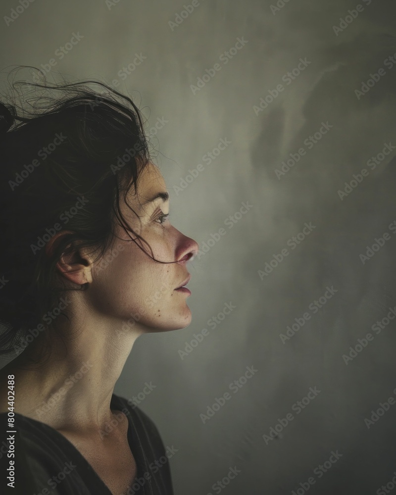 Serene woman with windblown hair standing against gray wall in urban setting Serene woman with windblown hair standing against gray wall in urban setting