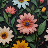 a many different colored flowers on a black surface