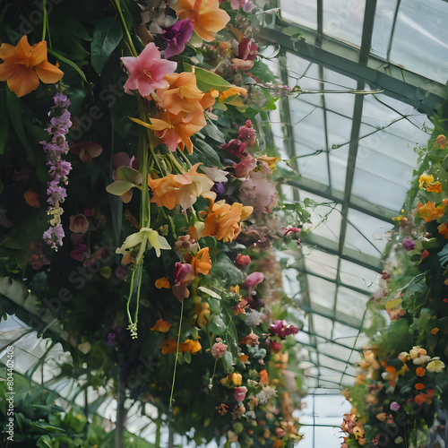 a many flowers hanging from the ceiling in a greenhouse