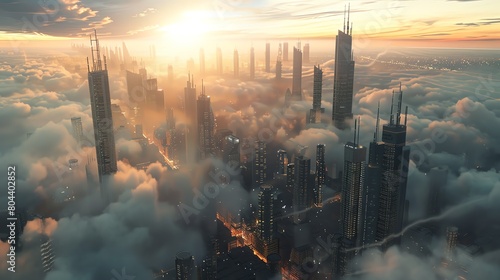 Create a digital rendering of a futuristic cityscape with skyscrapers disappearing into the clouds, showcasing the concept of cloud computing Utilize CG 3D rendering techniques to emphasize depth and