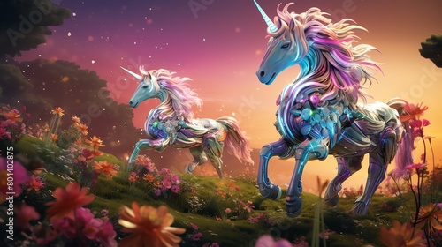 Create a digital rendering of high-angle view robotic unicorns frolicking in a whimsical meadow Utilize vibrant colors, intricate metallic details, and a touch of magical lighting to bring this scene