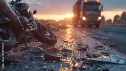 Closeup of a motorcycle accident on the road photo