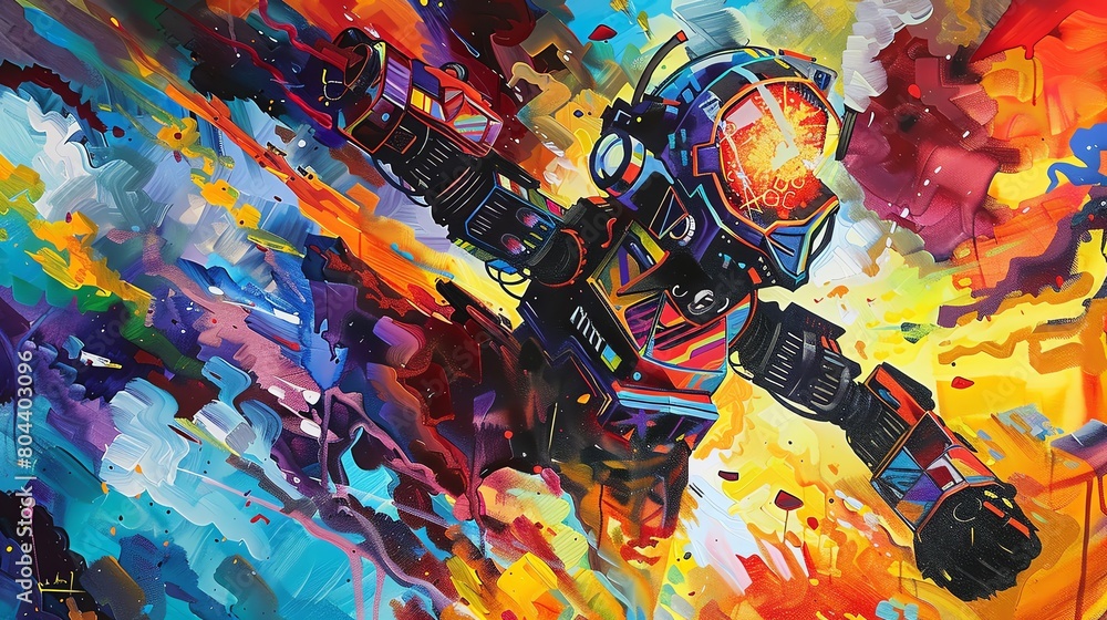 Create a dynamic acrylic painting capturing the dramatic moment of a frontal view rescue robot saving a victim from a disaster, Focus on vibrant colors and strong contrasts to convey the intensity of