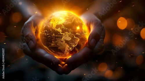 Earth at night held in hands symbolizing energy conservation and Earth Day. Concept Earth at Night, Energy Conservation, Earth Day, Environmental Awareness, Sustainability © Ян Заболотний