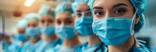 Portrait of a group of surgeon students wearing face masks in a hospital class photo