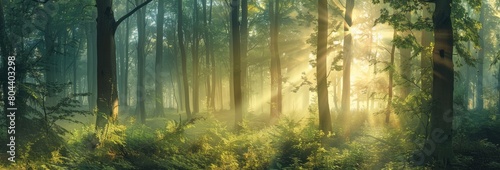 Sunlight filters through forest trees  illuminating the natural landscape