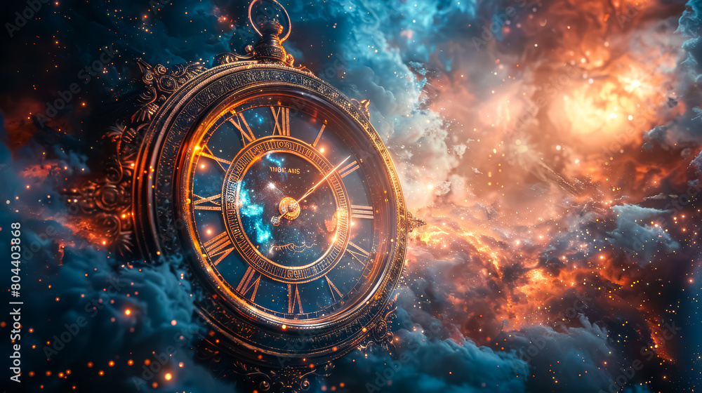glowing old hand watch clock in blue and yellow space clouds, astrology, astronomy, and horoscope time travel concept background
