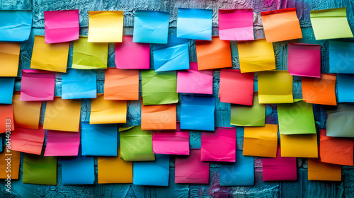 The array of colorful sticky notes on a wall