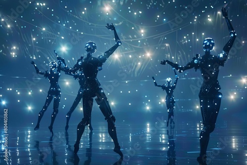 Create a stunning blend of futuristic aesthetics and classical dance, showcasing robotic performers executing a mesmerizing ballet under a canopy of twinkling stars, each movement precise and ethereal