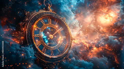 glowing old hand watch clock in blue and yellow space clouds, astrology, astronomy, and horoscope time travel concept background photo