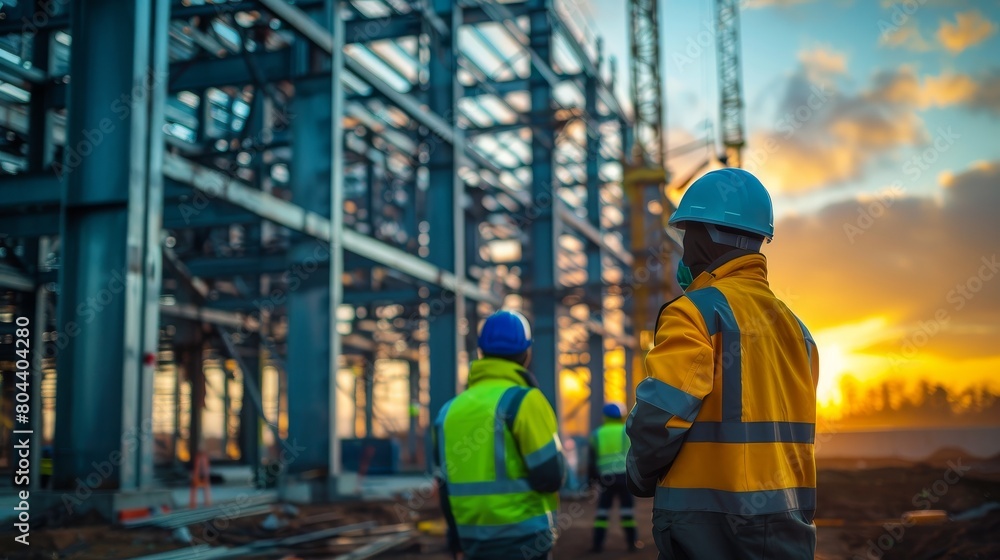 Workers in high-visibility gear and safety helmets aligning prefabricated steel frames, constructing the skeleton of a new facility. Workers in high-visibility gear and safety helmets aligning prefabricated steel frames, constructing the skeleton of a new facility.