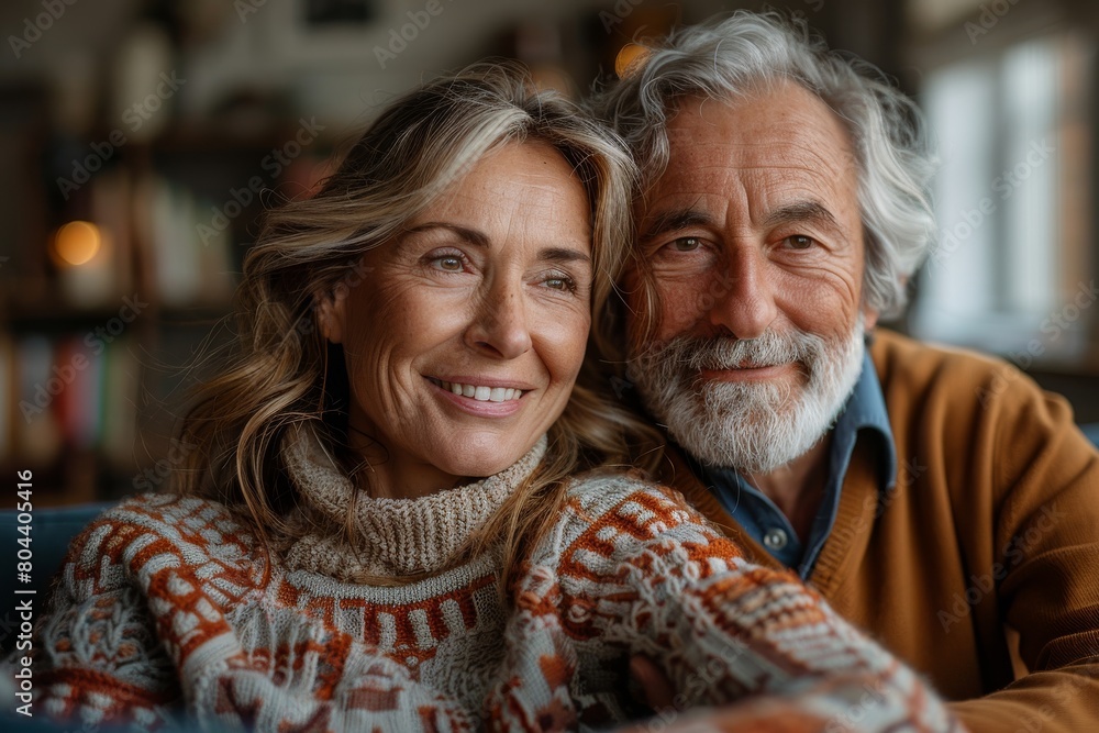 An affectionate mature couple share a loving moment with bright smiles in a cozy interior An affectionate mature couple share a loving moment with bright smiles in a cozy interior