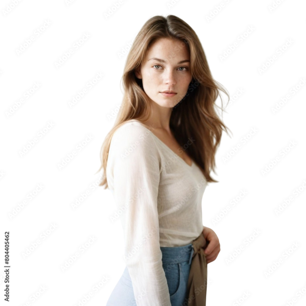 a cute woman with long hair on Isolated transparent background png. generated with AI a cute woman with long hair on Isolated transparent background png. generated with AI