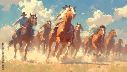 A herd of wild horses galloping across the desert, their hooves splashing dust as they run with freedom and power. photo