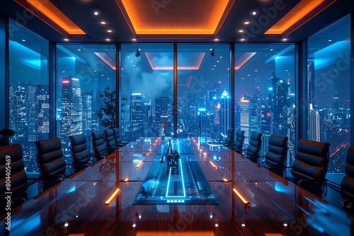 Elegant corporate boardroom meeting, executives discussing strategies, luxurious wooden table with high-tech digital interfaces, cityscape in background
