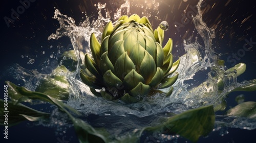 Artichoke Surrounded By Splash Of Water - Generative AI