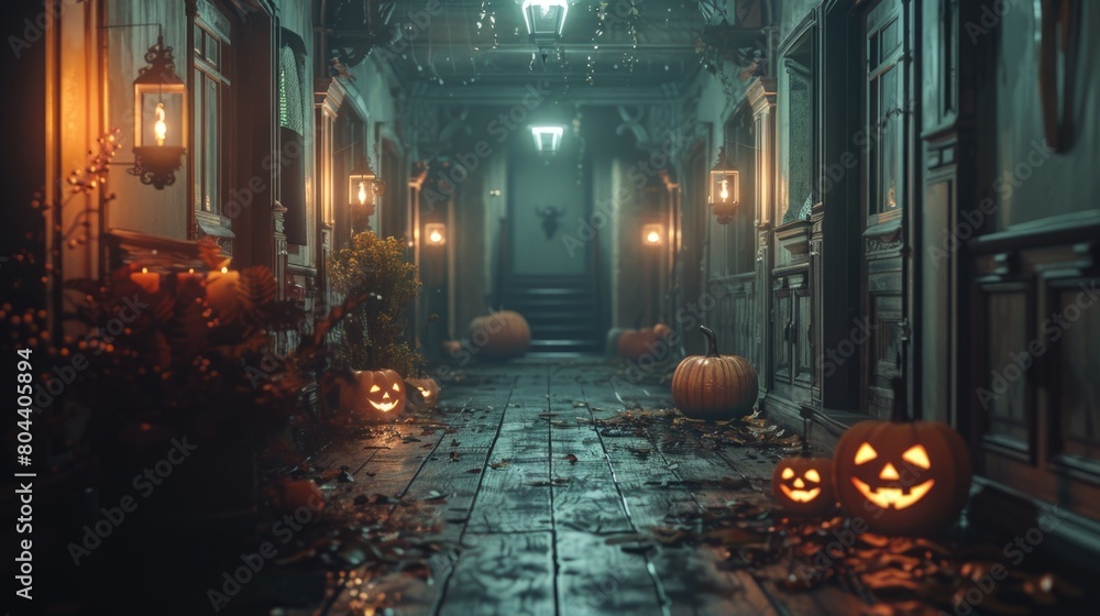Spooky Halloween Corridor with Jack-o'-Lanterns and Autumn Leaves