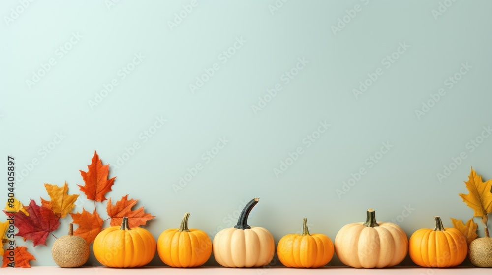Autumn Harvest Scene with Pumpkins and Colorful Leaves on Blue Background Autumn Harvest Scene with Pumpkins and Colorful Leaves on Blue Background