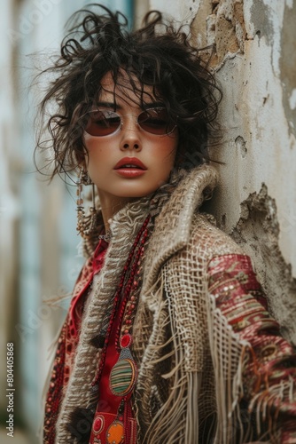 Fashionable Woman in Boho Chic Style with Sunglasses