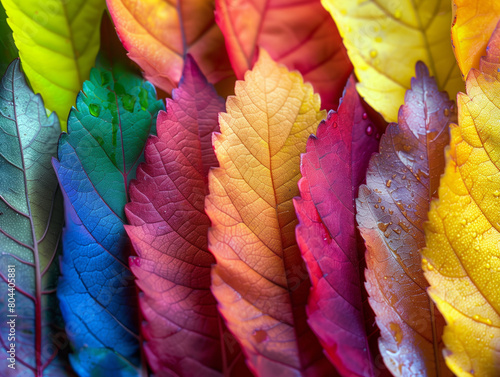 A collection of colorful leaves with a rainbow effect