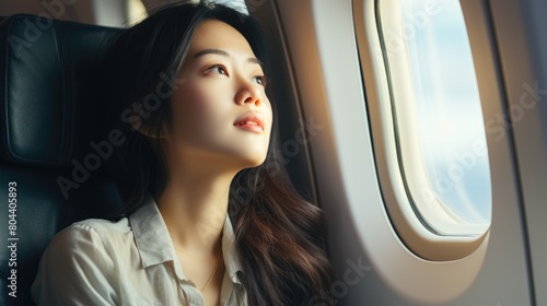 Serene Asian Woman Gazing Out of Airplane Window © Anastasiia