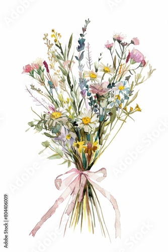 Watercolor illustration of a beautiful bouquet of wildflowers adorned with a delicate ribbon on white background