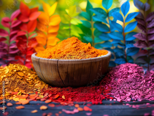 A bowl of colorful spices sits on a table with a colorful background