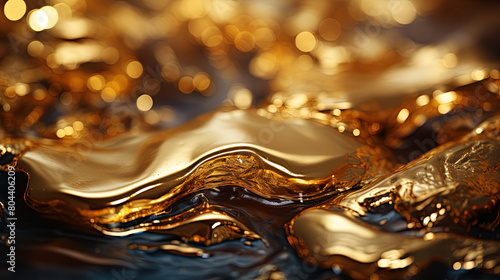 Contemporary Abstract of Shiny Liquid Gold Oil On Selective Focus Background photo