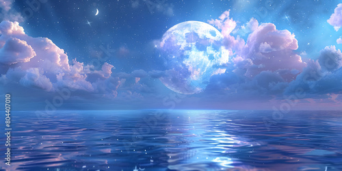 Moon  Clouds  and Starry Sky Reflecting on Sparkling Water Background  Serene Moon  Clouds  and Starry Sky Cast Their Glow Over Sparkling Water Background - Ai Generated