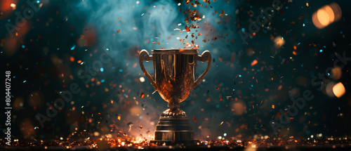 Champion golden trophy cup, goblet, bowl with sparkling lights, confetti, splashes, lights. Winning, congratulation background. Awards. Generative ai photo