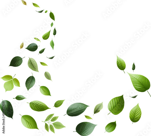 Green flying leaves seamless border. Green leaves wave .Falling fresh leaf . Foliage green leaves ornament . Elements for eco friendly,bio,vegan logo .Realistic green leaf .