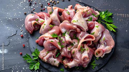 Raw chicken giblets gizzard  stomach  , meat background