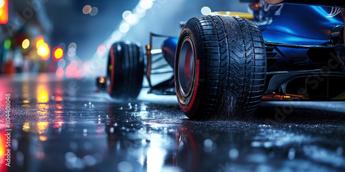 back rear wheel of blue Formula one racing car at evening start of race in rain on wet slippery asphalt photo