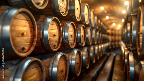 Cellar Stocked with Aging Wine Barrels. Concept Wine Production, Cellar Atmosphere, Aging Process, Barrel Storage, Wine Collection photo