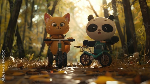 Cute character image of an orange cat and a cute panda on bikes in the woods AI generated